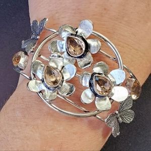 New Unique Morganite Butterflies and Flowers Silver Cuff Bracelet.